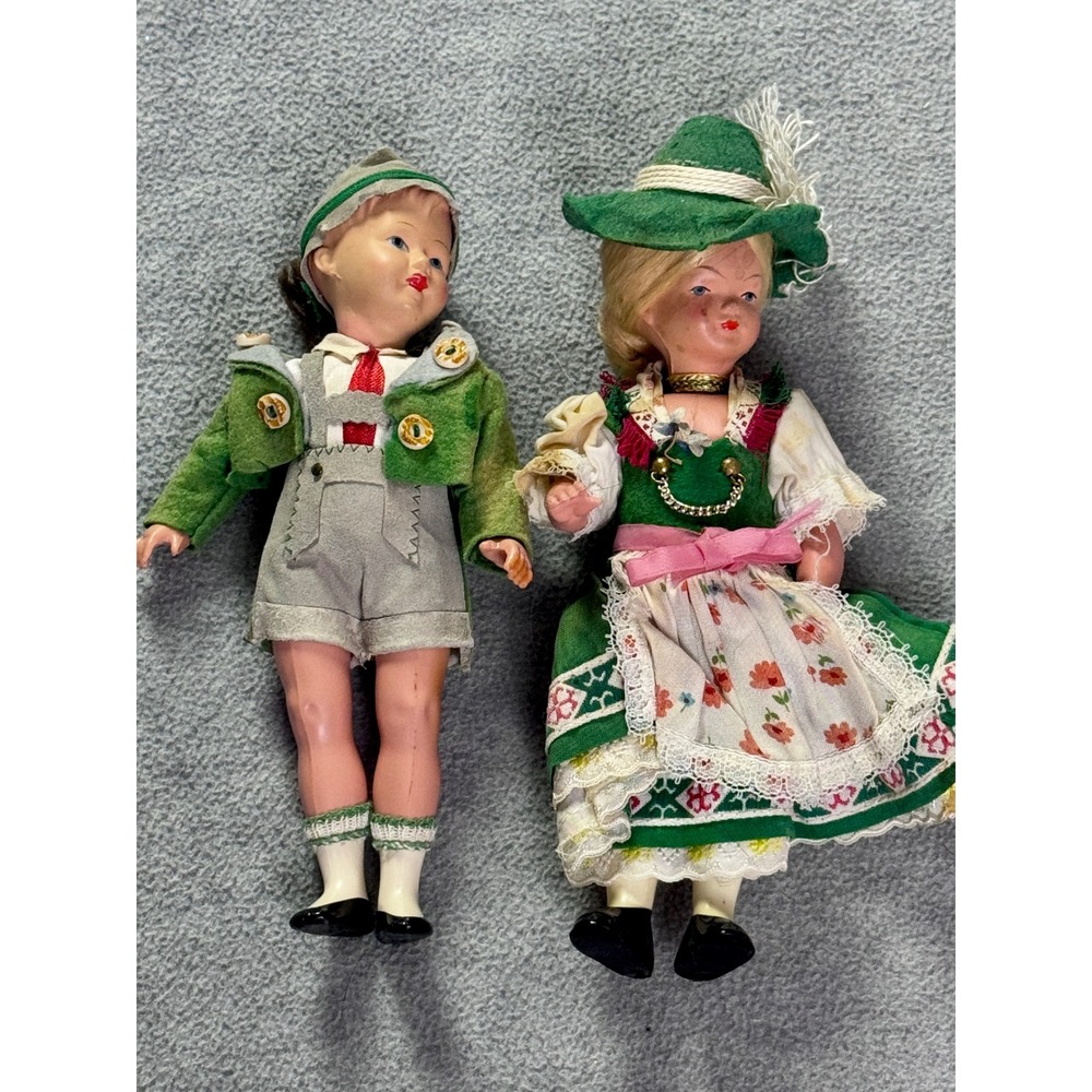 Vintage Ari German Celluloid Dolls Pair Lederhosen Dirndl Bavarian 8 Inch